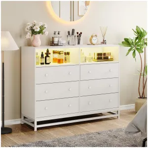 Wide Dresser for Bedroom with Charging Station, 6 Drawer Dresser with LED Lights, Modern Large Capacity Storage Cabinet, Closet,White