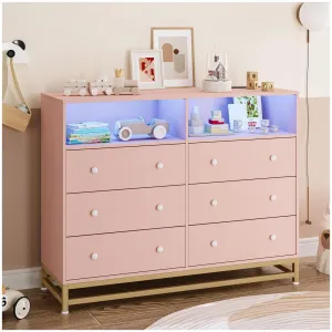 Wide Dresser for Bedroom with Charging Station, 6 Drawer, LED Lights, Large Capacity Storage, Wood, Modern Design, Pink, Suitable for Bedroom and Closet