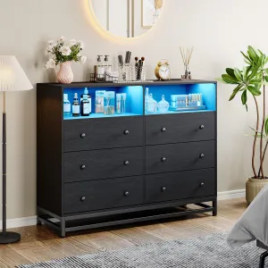 Wide Dresser for Bedroom with Charging Station, 6 Drawers, LED Lights, Wood, Modern Large Capacity Storage, Black