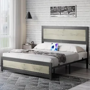Queen Platform Bed Frame with Charging Station, Rivet Design, Industrial Style, Strong Slats, Noise Free, Easy Assembly, Wash Gray