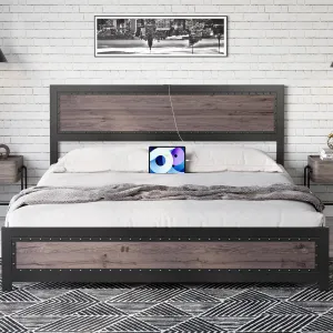 Queen Bed Frame with Charging Station, Rivet Design, Industrial Style, Strong Slats, No Box Spring, Noise Free, Easy Assembly (Gray)