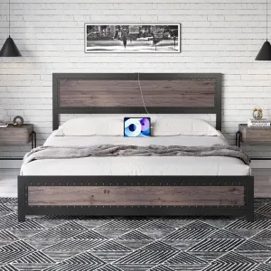 King Size Bed Frame with Charging Station, Rivet Design, Industrial Style, Strong Steel Slats, Noise Free, Easy Assembly, Gray