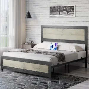 Full Size Bed Frame with Charging Station, Rivet Design, Industrial Style, MDF Board, Steel Slats, Noise Free, Easy Assembly
