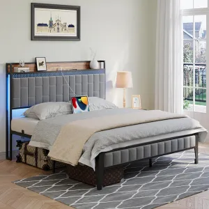 Bed Frame with Led Lights and Storage Headboard, Upholstered Platform Bed with Charging Station, Heavy Duty, No Box Spring Needed, Easy Assembly, Linen Grey, Queen Size