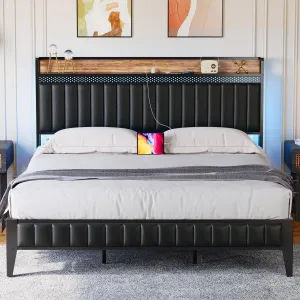 Bed Frame with Led Lights and Storage Headboard, Upholstered Platform Bed with Charging Station, Heavy Duty, No Box Spring Needed, Easy Assembly, Leather Black, Queen Size