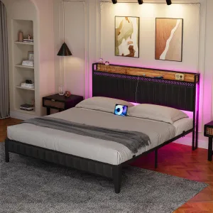 Bed Frame with Led Lights and Storage Headboard, Upholstered Platform Bed with Charging Station, Heavy Duty, No Box Spring Needed, Easy Assembly, Leather Black, King Size