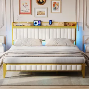 Bed Frame with Led Lights and Storage Headboard, Upholstered Platform Bed with Charging Station, Heavy Duty, No Box Spring Needed, Easy Assembly, Linen White, Queen Size