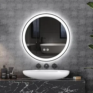 LED Bathroom Mirror 24x24 Inch Black Frame + Front & Backlight + 3 Colors Dimmable + Anti-Fog + Wall Mounted + Makeup, Shaving