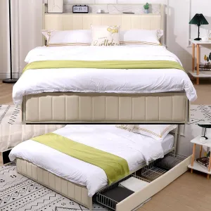Upholstered Bed Frame with Storage Headboard and 4 Drawers, USB/Type C Outlets, Wooden Slats Support - Easy Assembly