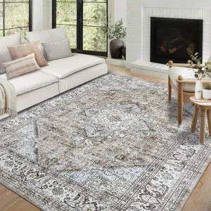 9x12 Area Rug Large Vintage Distressed Machine Washable Area Rug for Living Room Traditional Medallion Floral Non-Slip Stain Resistant Accent Rug Carpet for Home Decoration, Taupe