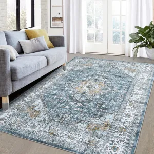 9x12 Area Rug Large Vintage Distressed Machine Washable Area Rug for Living Room Traditional Medallion Floral Non-Slip Stain Resistant Accent Rug Carpet for Home Decoration, Blue