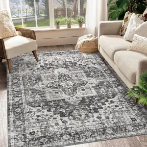 Machine Washable Area Rug 5x7 Vintage Distressed Area Rug for Living Room Bedroom Traditional Medallion Floral Non-Slip Stain Resistant Accent Rug Carpet for Home Decoration, Blue