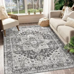 Machine Washable Area Rug 5x7 Vintage Distressed Area Rug for Living Room Bedroom Traditional Medallion Floral Non-Slip Stain Resistant Accent Rug Carpet for Home Decoration, Taupe