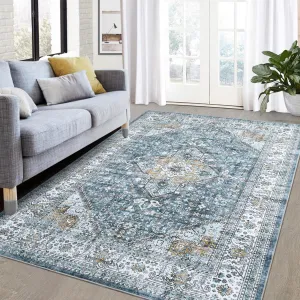 8x10 Area Rug Vintage Distressed Machine Washable Area Rug for Living Room Bedroom Traditional Medallion Floral Non-Slip Stain Resistant Accent Rug Carpet for Floor Decoration, Blue