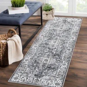 Runner Rug 2x6 Feet Washable Vintage Medallion Distressed Hallway Runner, Non-Slip Stain Resistant Floral Area Rug Kitchen Mat Entryway Carpet Runner for Doorway Bedside, Grey