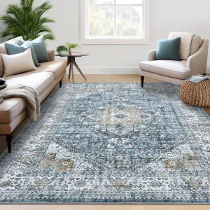 Area Rug 10x13 Extra Large Rug for Living Room Vintage Distressed Machine Washable Rug, Non-Slip Stain Resistant Accent Rug Retro Medallion Floor Cover Carpet for Bedroom, Blue