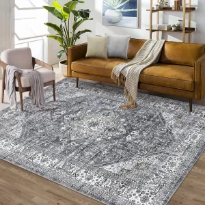 8x10 Area Rug Vintage Distressed Machine Washable Area Rug for Living Room Bedroom Traditional Medallion Floral Non-Slip Stain Resistant Accent Rug Carpet for Floor Decoration, Grey