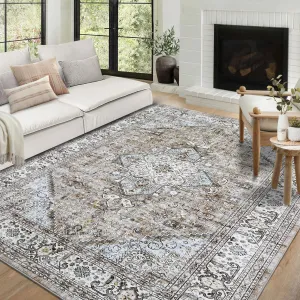 Area Rug 10x13 Extra Large Rug for Living Room Vintage Distressed Machine Washable Rug, Non-Slip Stain Resistant Accent Rug Retro Medallion Floor Cover Carpet for Bedroom, Taupe