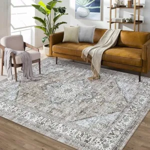 8x10 Area Rug Vintage Distressed Machine Washable Area Rug for Living Room Bedroom Traditional Medallion Floral Non-Slip Stain Resistant Accent Rug Carpet for Floor Decor, Taupe