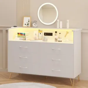 White Dresser with LED Light for Bedroom 6 Drawer, Wooden Dressers with Charging Station, Large Double Dresser with Wide Drawers, Modern Chests of Drawers for Hallway, TV Stand
