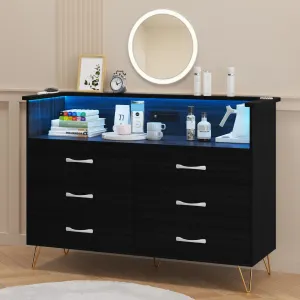 Black Dresser with LED Light, 6 Drawers, Wooden, Charging Station, Modern Design, Bedroom, Hallway, TV Stand