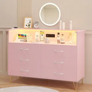 Pink Wooden Dresser with LED Light, 6 Drawers, Charging Station, RGB Lights, Sturdy Metal Legs, Bedroom Storage, Pink
