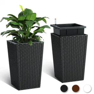 16 Inch Tall Rattan Planter Set with Water Level Monitor & Wheels, Durable Plastic, Self-Watering & Drainage, Indoor & Outdoor Use