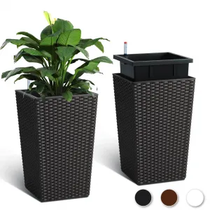 16 Inch Rattan Planter Set of 2 with Water Level Monitor & Wheels, Durable Plastic, Self-Watering, Indoor/Outdoor Patio Decor