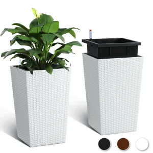 16 Inch Tall Rattan Planter Set of 2 with Water Level Monitor & Wheels, Durable Weather-Resistant Plastic, Self-Watering, White, for Patio & Indoor