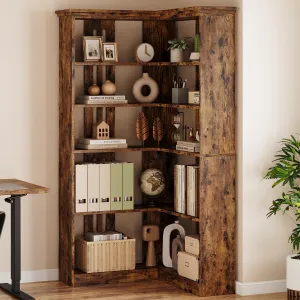 Farmhouse Bookshelf Corner Bookcase, 72.8” Large Bookcase Wood Bookshelf Tall L Shaped Bookshelf 5 Tier Corner Shelf Display Rack Etagere Shelf Storage for Office Bedroom (Half Panel, Retro)