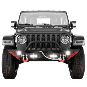 Front Bumper Compatible with 2018-2024 Jeep Wrangler JL/ 2020-2023 Jeep Gladiator JT, Off Road Bumper Paintable Armor W/Winch Plate & 4 LED Lights & D-rings
