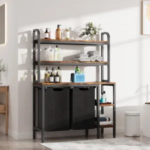 Laundry Hamper with 2 Sections, 3 Tiers, Side Shelves, Pull-Out Removable Bags, Iron Frame, Wooden Planks, Home Organization