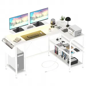 L Shaped Computer Desk with RGB LED Lights, Power Outlets, Reversible Design, MDF Board, Storage Shelves, Monitor Stand, Home Office & Gaming