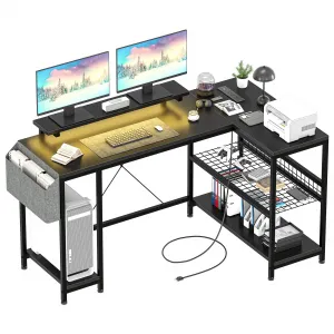 L Shaped Computer Desk with Power Outlets & LED Light, Reversible Corner Desk with Storage Shelves & Monitor Stand, MDF Board, Metal Frame, Home Office, Gaming