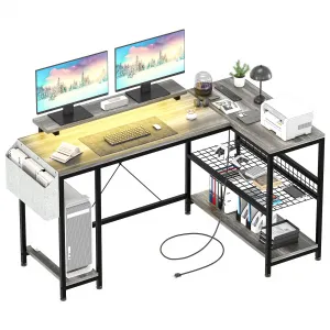 L Shaped Computer Desk with RGB LED, Power Outlets, Reversible Design, Storage Shelves, Monitor Stand, Oak