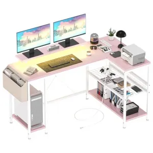 L Shaped Computer Desk with Power Outlets & LED Light, Reversible Corner Desk with Storage Shelves & Monitor Stand, MDF, Metal Frame, Adjustable Leg Pads, Home Office, Gaming, Writing, Pink
