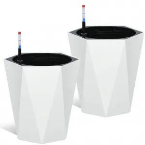 16 Inch Tall Diamond Planters Set of 2, Self Watering Planters with Water Level Monitor and Wheels, Flower Pots Outdoor and Indoor for Patio, Porch, Living Room, Home Office, White