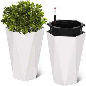 22.4 Inch Tall Planters Set of 2 Large Flower Pot Outdoor and Indoor with 2 Trays and a Water Level Monitor and Wheels for Patio, Porch, Living Room, or Home Office, White