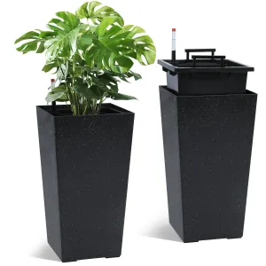 21.6" Tall Rectangular Planters Set of 2 Large Modern Plant Pots with Drainage Holes＆Water Level Monitor＆Wheels Outdoor and Indoor for Patio, Porch, Living Room, or Home Office,Black and White Dots