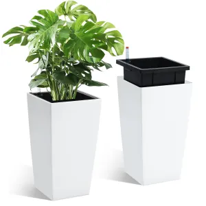 16 Inch Tall Rectangular Planters Set of 2 Large Modern Plant Pots with Drainage Holes＆Water Level Monitor＆Wheels Outdoor and Indoor for Patio, Porch, Living Room, or Home Office, White