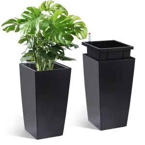 16 Inch Tall Rectangular Planters Set of 2 Large Modern Plant Pots with Drainage Holes＆Water Level Monitor＆Wheels Outdoor and Indoor for Patio, Porch, Living Room, or Home Office, Black