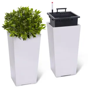 23" Tall Planters Set of 2 - Modern Indoor/Outdoor Plant Pots with Drainage Holes, Water Level Monitor, Inner Bucket & Automatic Watering, White