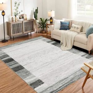 Modern Bordered Area Rug, 8x10 Large Soft Indoor Machine Washable Rugs for Living Room Bedroom Kitchen, Non Slip Stain Resistant Easy Cleaning Non Shedding, Grey