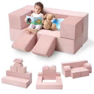 Kids Play Couch, 6Pcs Modular Kids Play Sofa for Playroom Bedroom, Kids Modular Couch Toddler Foam Sofa, Kids Convertible Sofa with Removable Cover, Pink