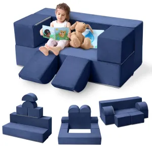 Kids Play Couch, 6Pcs Modular Kids Play Sofa for Playroom Bedroom, Kids Modular Couch Toddler Foam Sofa, Kids Convertible Sofa with Removable Cover, Navy Blue