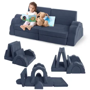 11pcs Modular Kids Play Couch, Children Sectional Sofa Floor Toddler Couch for Kids Creative Play, Convertible Foam Floor Sofa for Playroom Bedroom, Dark Blue