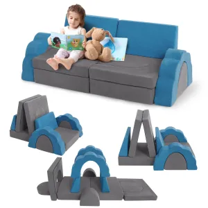 11pcs Modular Kids Play Couch, Children Sectional Sofa Floor Toddler Couch for Kids Creative Play, Convertible Foam Floor Sofa for Playroom Bedroom, Lake Blue/Grey