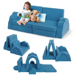 11pcs Modular Kids Play Couch, Children Sectional Sofa Floor Toddler Couch for Kids Creative Play, Convertible Foam Floor Sofa for Playroom Bedroom, Lake Blue
