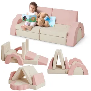 11pcs Modular Kids Play Couch, Children Sectional Sofa Floor Toddler Couch for Kids Creative Play, Convertible Foam Floor Sofa for Playroom Bedroom, Pink/Beige