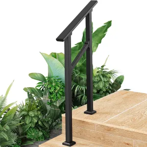 Hand Rails for Outdoor Steps, Metal Stair Railing Handrail, 2 Steps, Black, Adjustable Height & Angle, Weather-Resistant